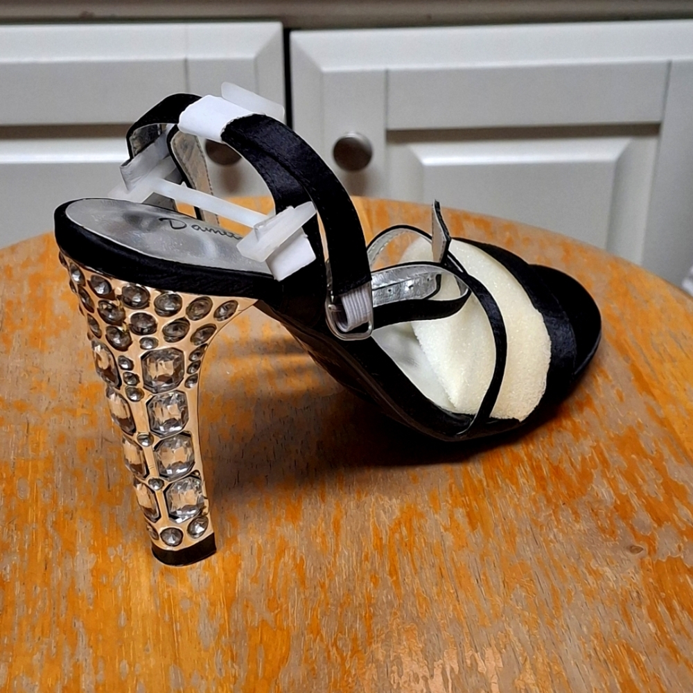 New Womens Elegant Black Satin Heels with Crystal Embellished Heel